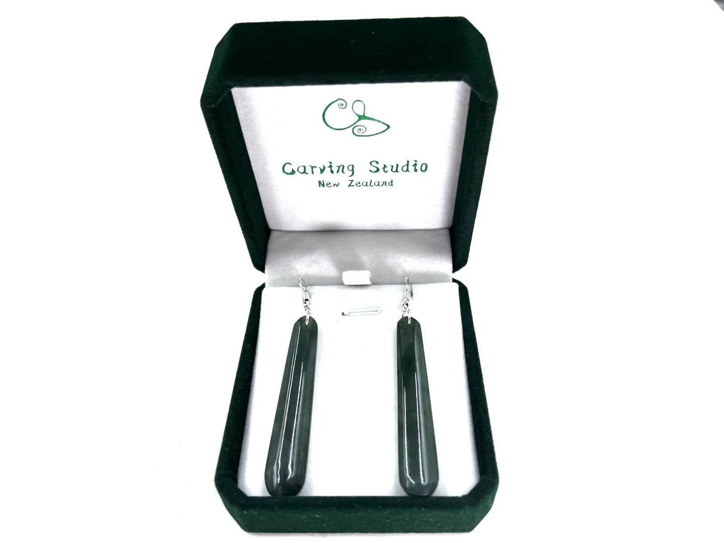 Greenstone Nephrite Jade Long Earrings 50mm with Sterling Silver Hooks and Gift Box
