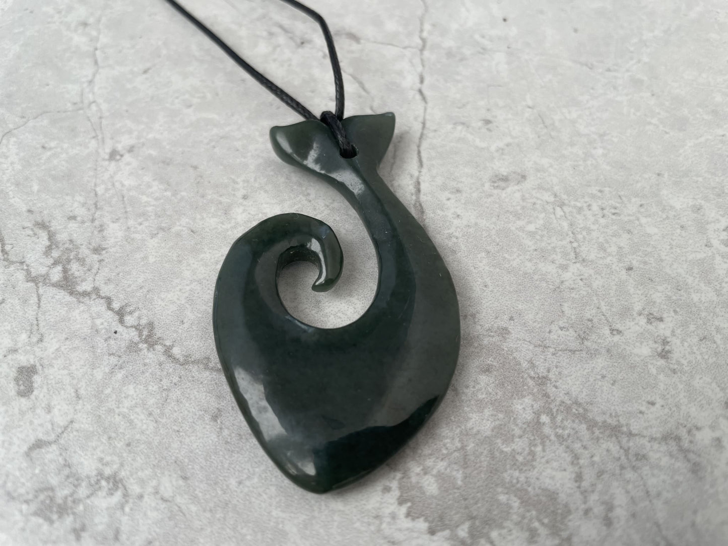Greenstone Nephrite Jade Hei Matau Fish Hook with Whale Tail Pendant – 55mm, Strength, Protection & Prosperity Symbol