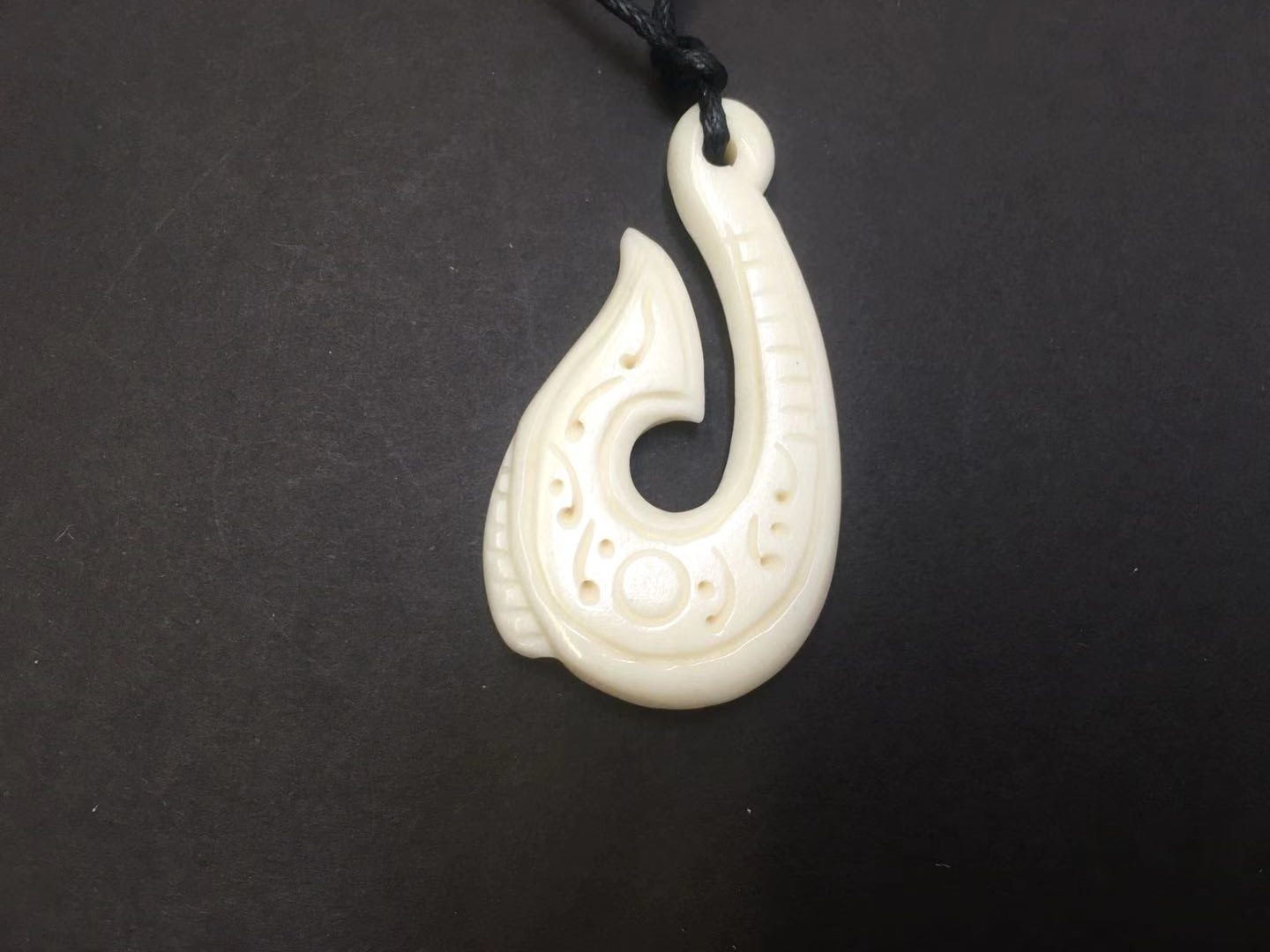 Bone Carving Fish Hook Pendant B82 – Handcrafted Hei Matau Necklace 39mm