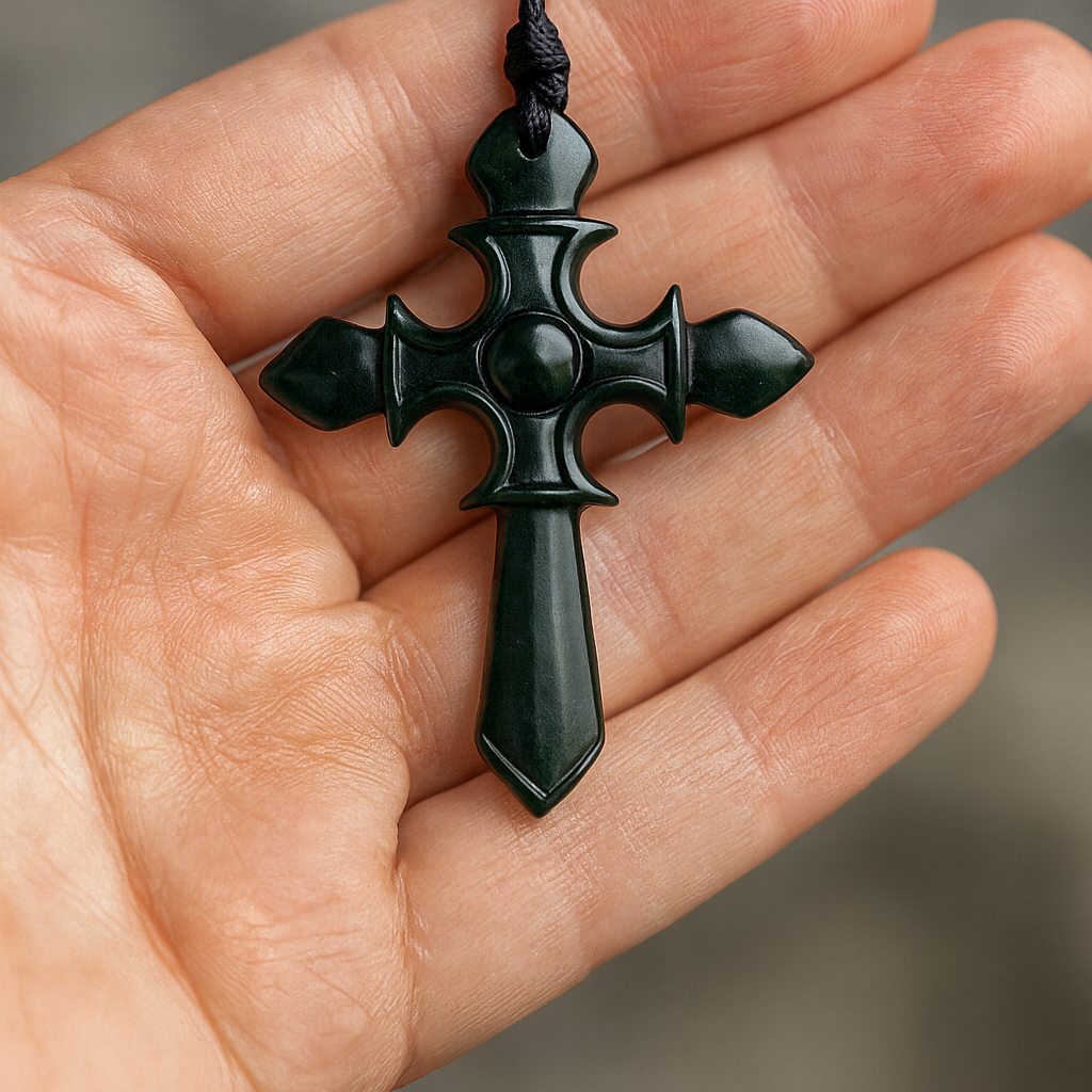 Greenstone Cross Pendant Adjustable Cord, Gift Box, Carving Studio NZ