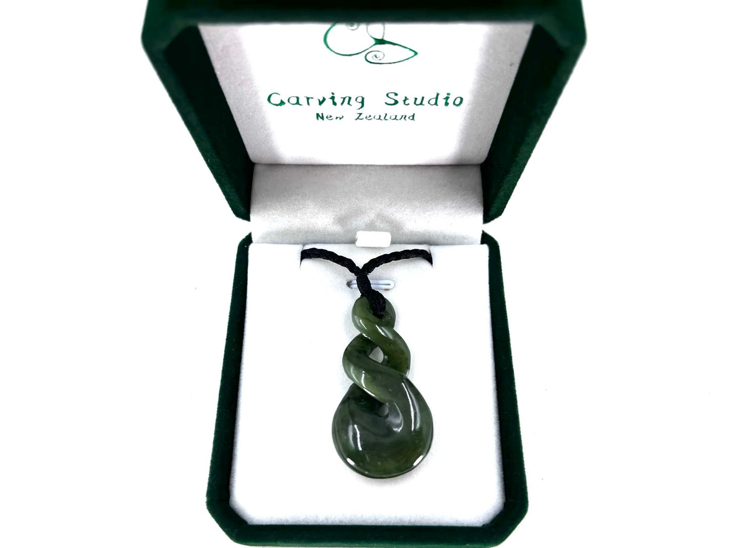 Greenstone Nephrite Jade Double Twist Pendant #T2CS – 40×23mm with Gift Box