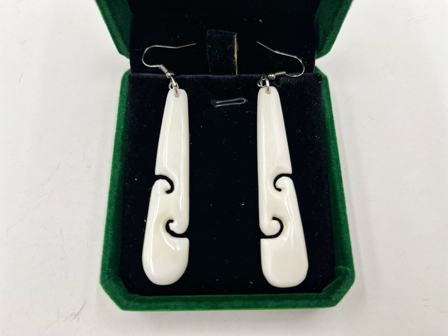 Long Bone Earrings Double Koru Design 60mm with Green Velvet Gift Box