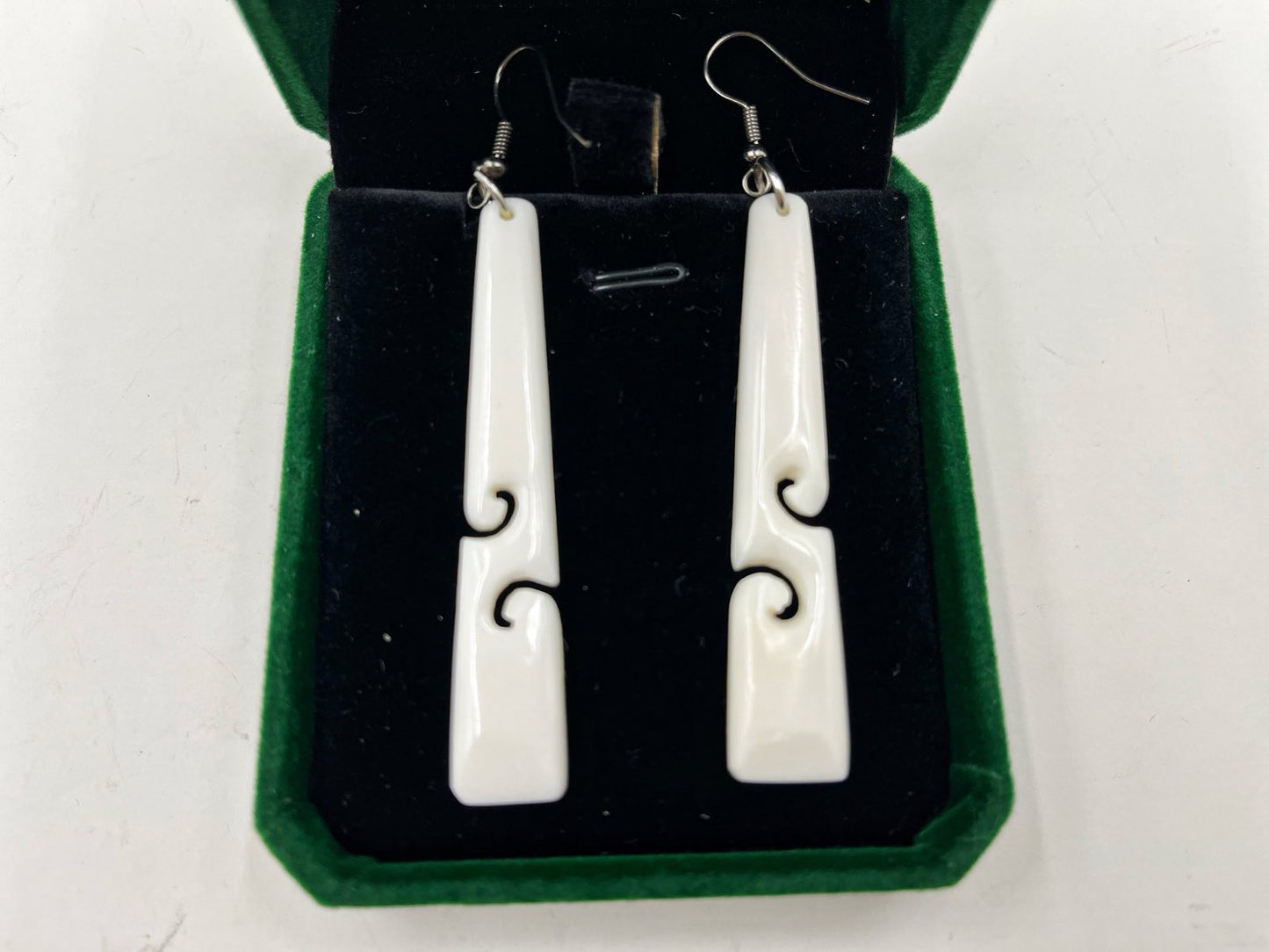 Bone Carving TOKI Earrings with Double Koru – 60mm with Gift Box
