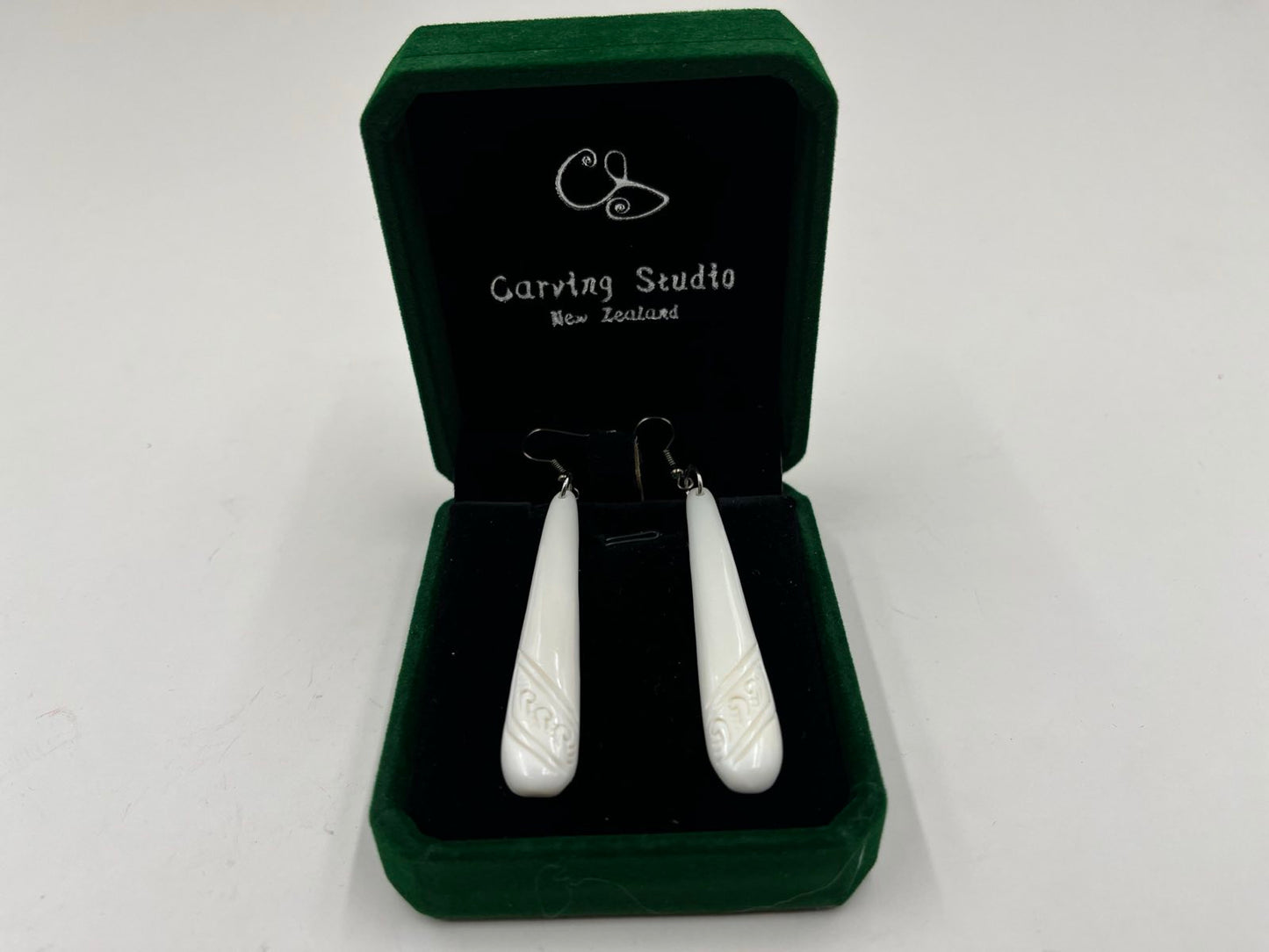 60mm Bone Carved Long Drop Earrings with Maori Design – Gift Box Included