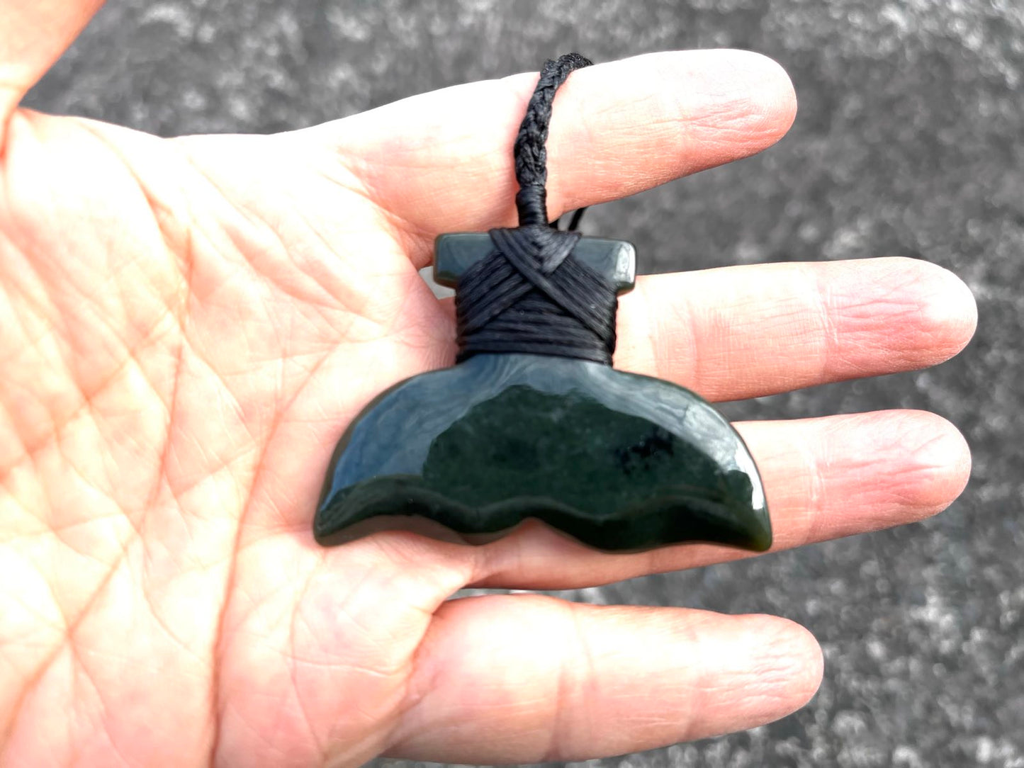 Large Nephrite Jade Whale Tail Pendant - Hand-Bound Greenstone, 54mm