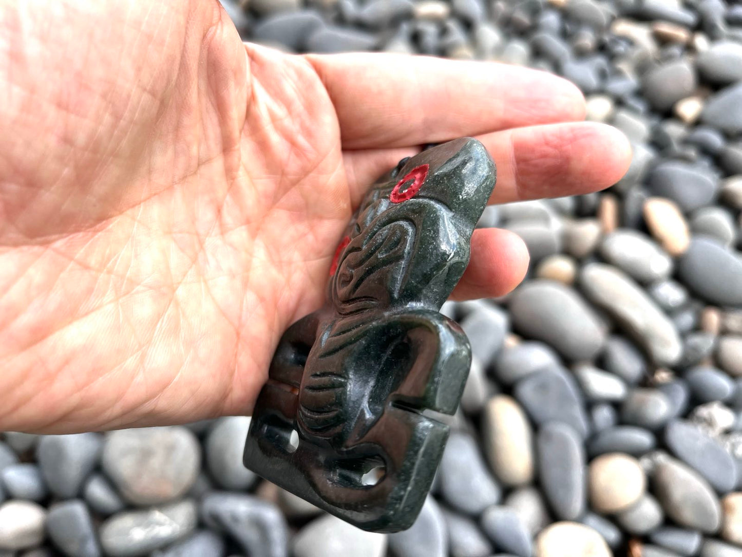 Large Greenstone Maori Tiki with Red Wax-Sealed Eyes Greenstone Toggle on Cord