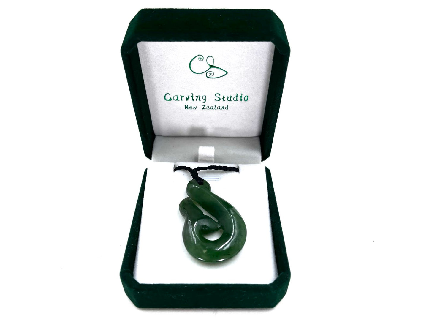 Greenstone 40mm Nephrite Jade Whale Tail Fish Hook Pendant Gift Box