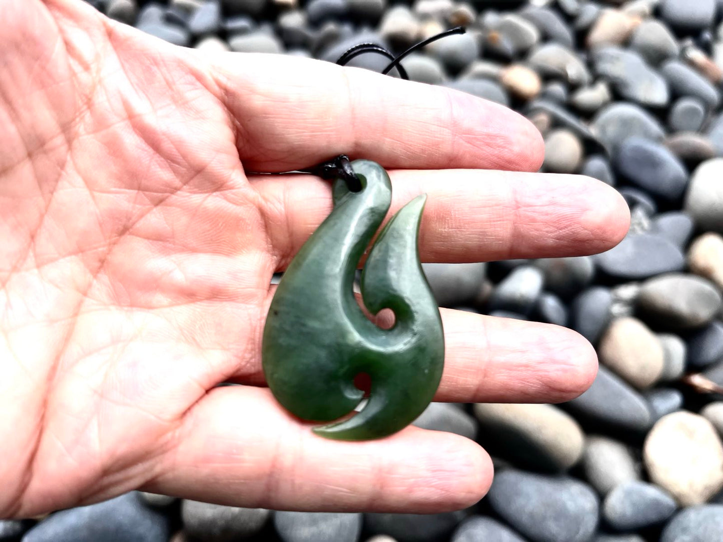 Hand-Carved Greenstone Nephrite Jade Hei Matau Necklace, 50mm