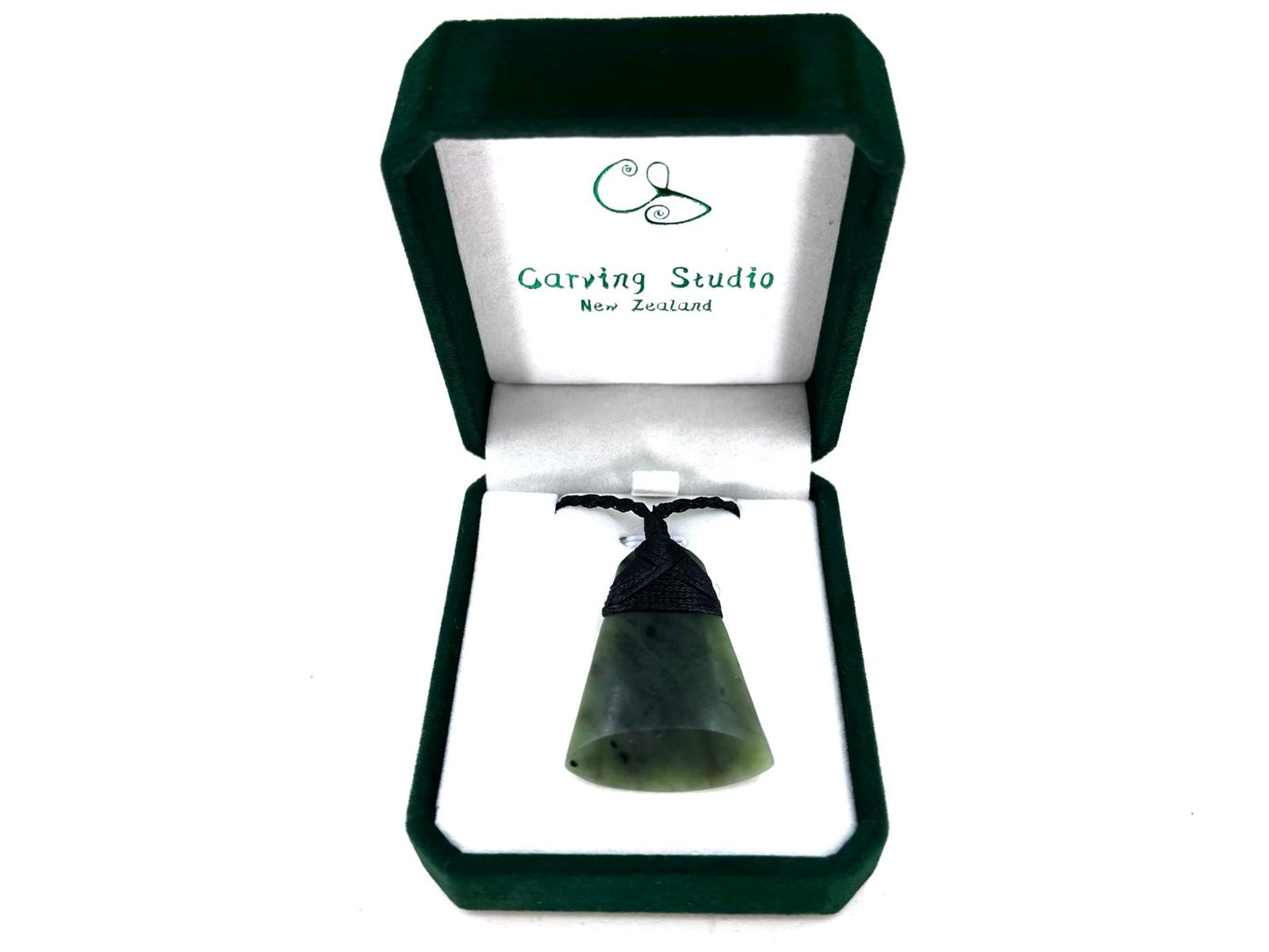 Greenstone Nephrite Jade Toki Pendant Matte Finish 45x30mm – Carving Studio with Velvet Gift Box