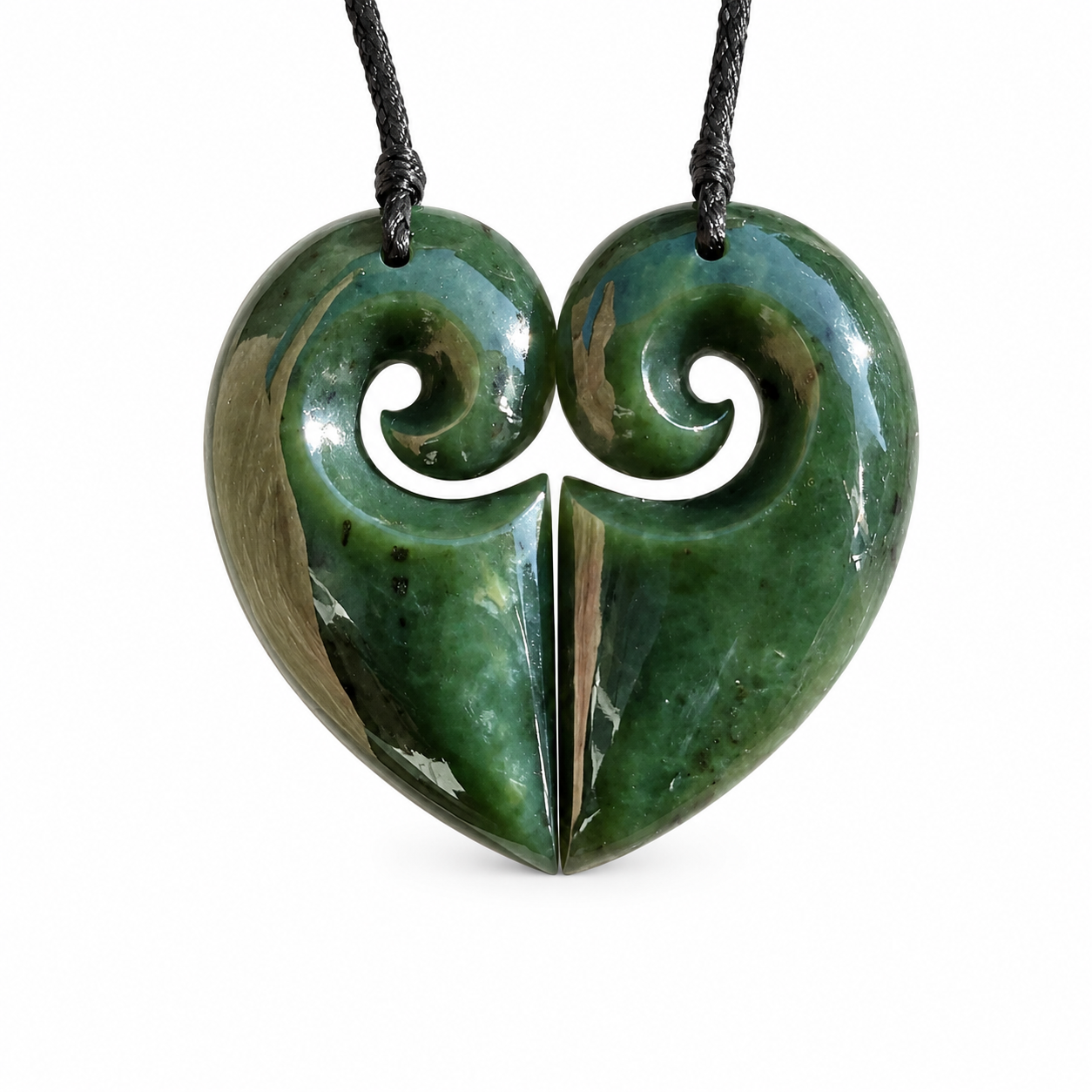 Hand-carved greenstone nephrite jade shared heart koru couple pendant set by Carving Studio NZ
