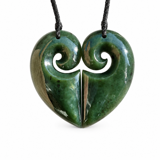 Hand-carved greenstone nephrite jade shared heart koru couple pendant set by Carving Studio NZ