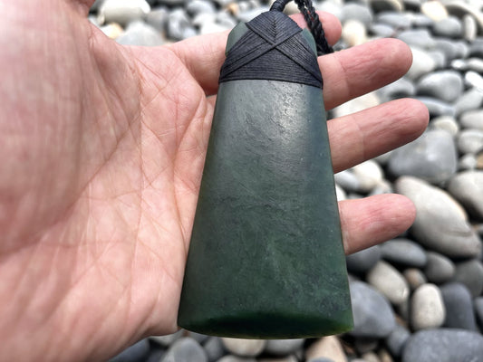 Matte Polished Greenstone Nephrite Jade Toki Pendant 110mm with Lashed Cord and Gift Bag