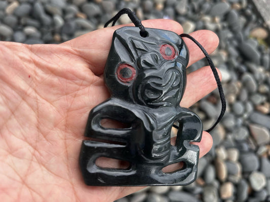 Large Greenstone Maori Tiki with Red Wax-Sealed Eyes Greenstone Toggle on Cord