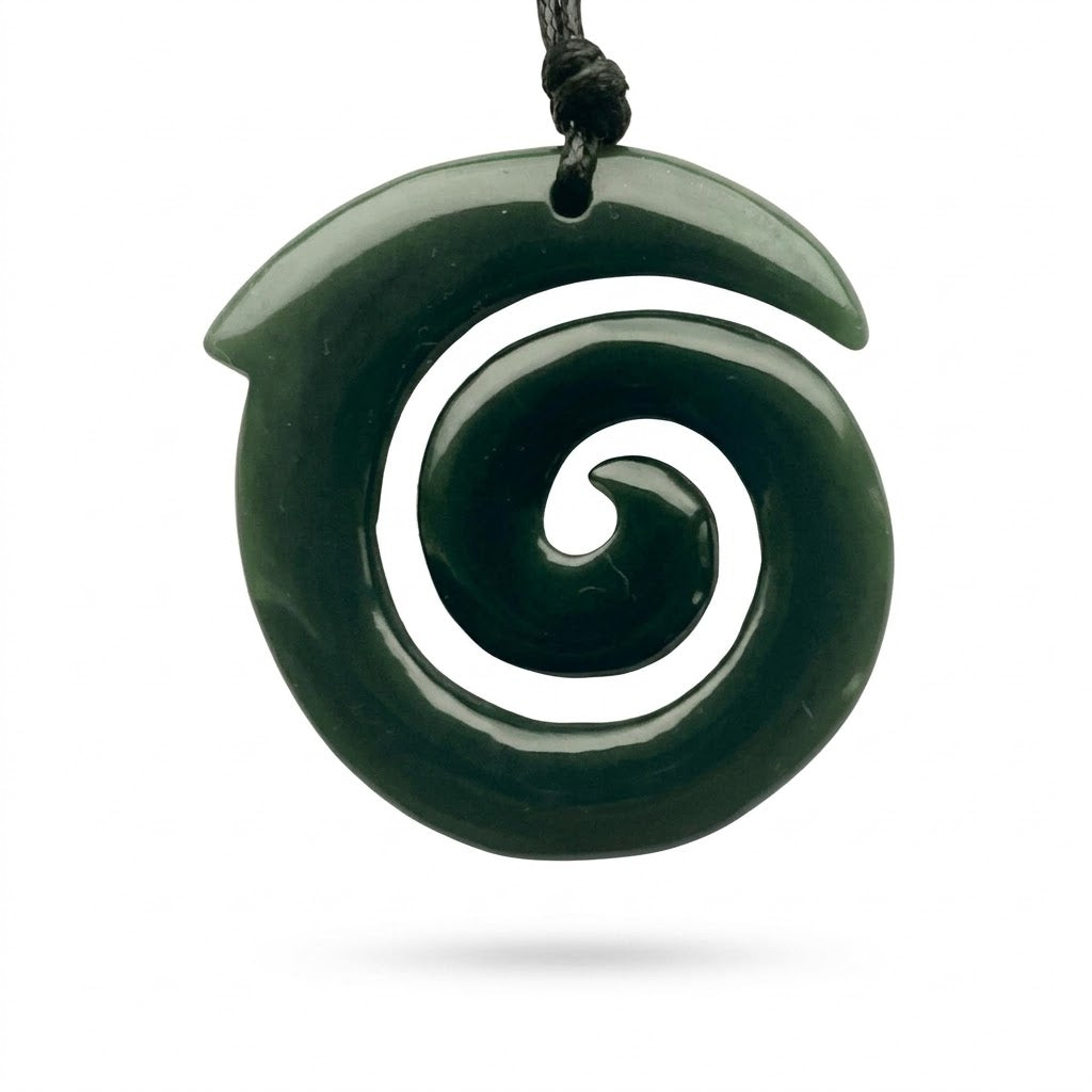 Greenstone Koru Pendant 43mm with Adjustable Cord + Velvet Gift Box Carving Studio NZ
