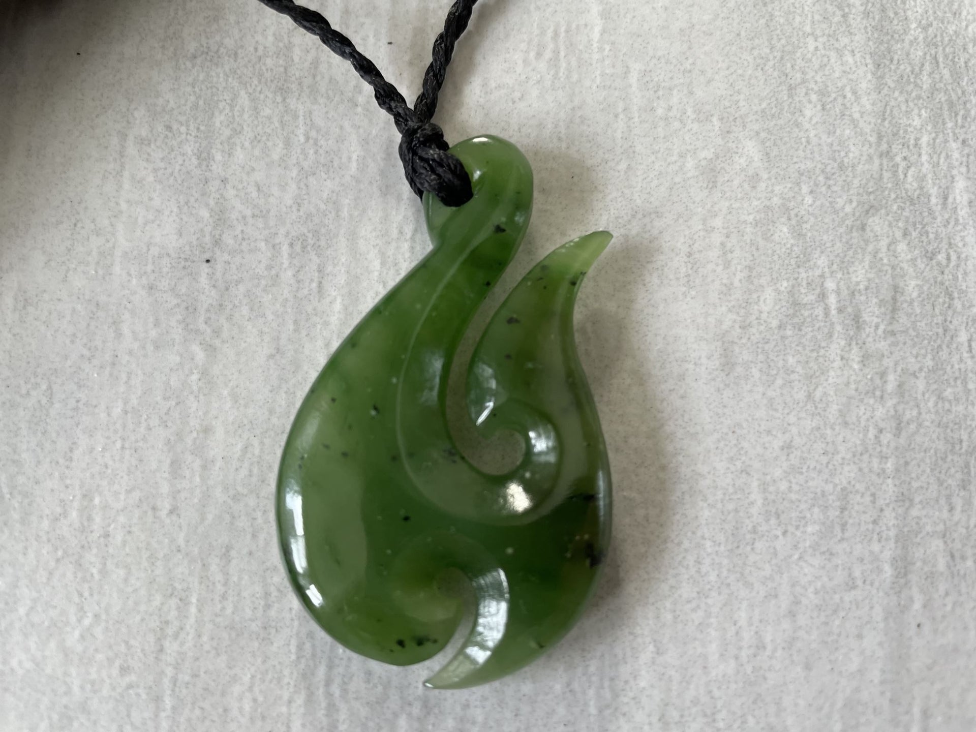 Earthbound Kiwi Hand Carved Genuine Nephrite Jade Extra Large Fish Hook Necklace
