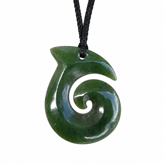Greenstone Nephrite Jade Hei Matau - Koru Pendant TM02 – 40×30mm with Gift Box