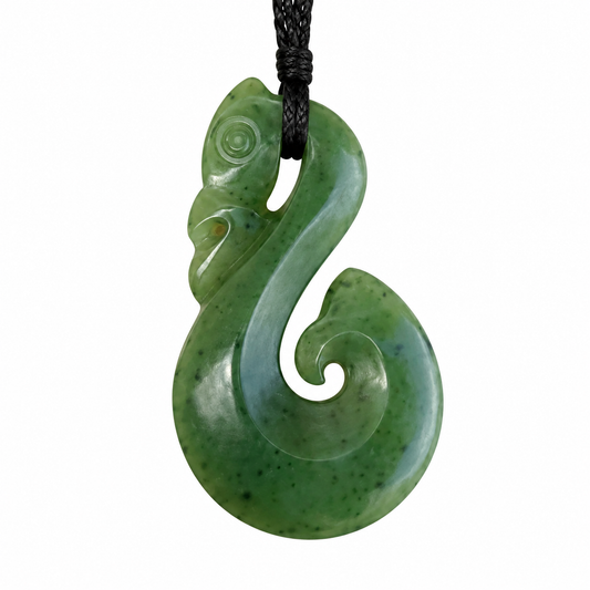 Hand-carved greenstone nephrite jade manaia hei matau fish hook pendant 40mm with black cord | Carving Studio NZ