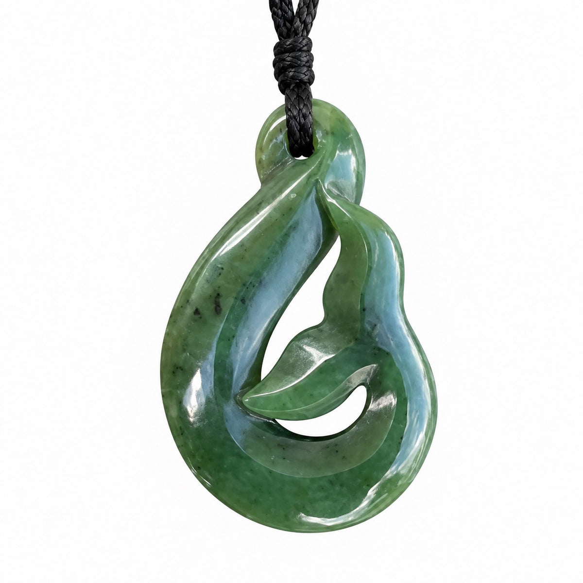 Greenstone 40mm Nephrite Jade Whale Tail Fish Hook Pendant  Gift Box