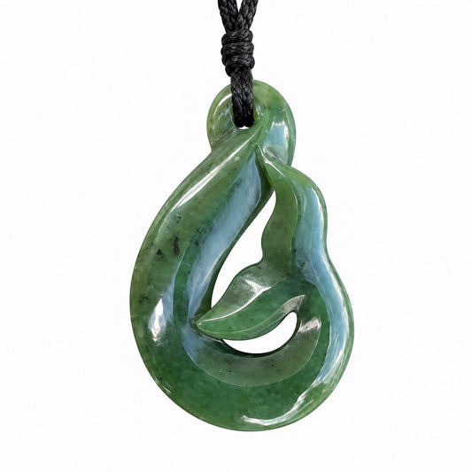 Greenstone 40mm Nephrite Jade Whale Tail Fish Hook Pendant  Gift Box