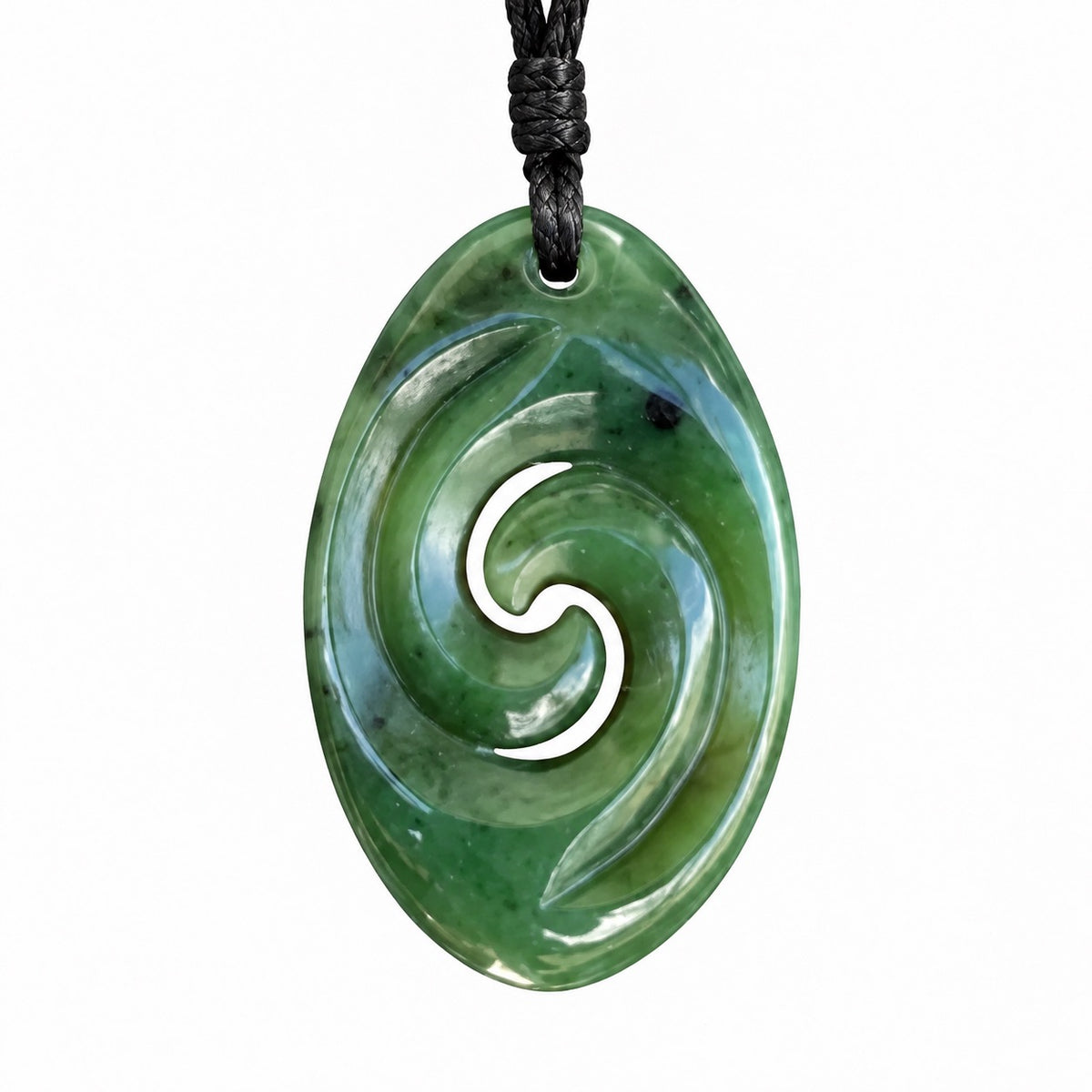 Hand-carved greenstone nephrite jade double koru oval pendant 40mm with black cord | Carving Studio NZ