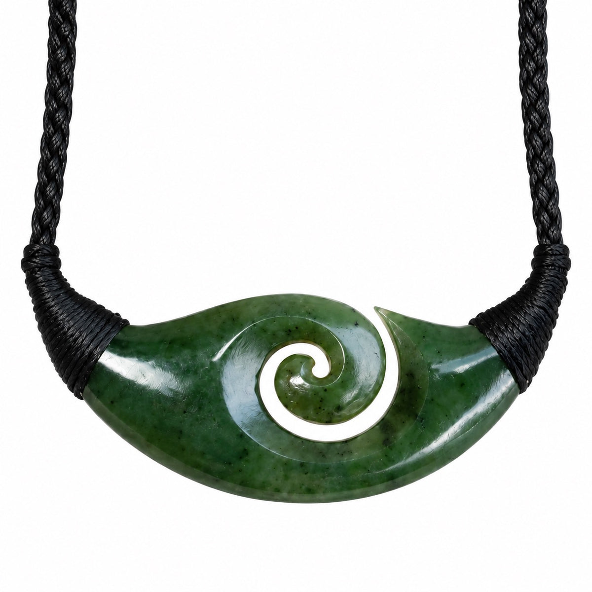 Greenstone nephrite jade koru breastplate pendant 60mm with black lashing and plaited cord | Carving Studio NZ
