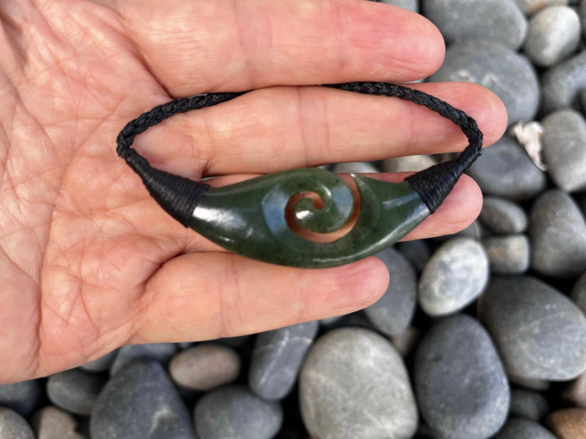 Greenstone Nephrite Jade Koru Breastplate Pendant – 60mm Hand-Carved Statement Necklace with Adjustable Plaited Cord | Carving Studio NZ