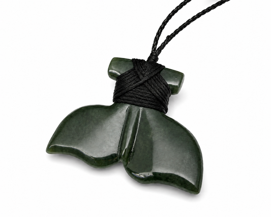 Carving Studio NZ Greenstone Large Whale Tail Pendant - Hand-Bound 54mm