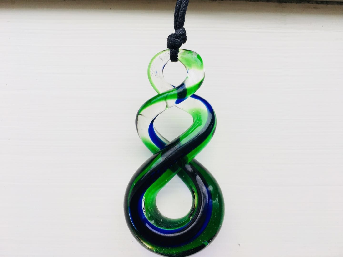 Handmade glass pendant comes with box blue/green twist