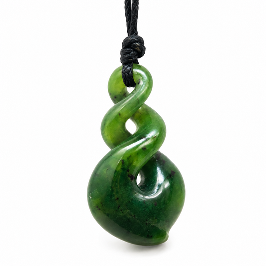 Top Grade Greenstone Nephrite Jade Double Twist Pendant – 30mm Hand-Carved Carving Studio NZ
