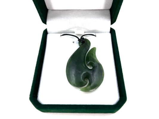 Hand-Carved Greenstone Nephrite Jade Hei Matau Necklace, 50mm