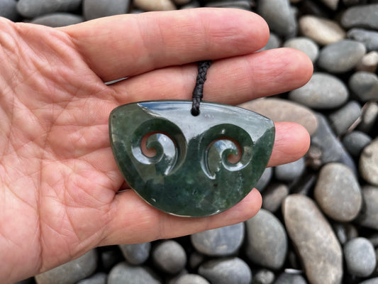 Large hand-carved greenstone nephrite jade double koru pendant 56mm with handcrafted cord | Carving Studio NZ