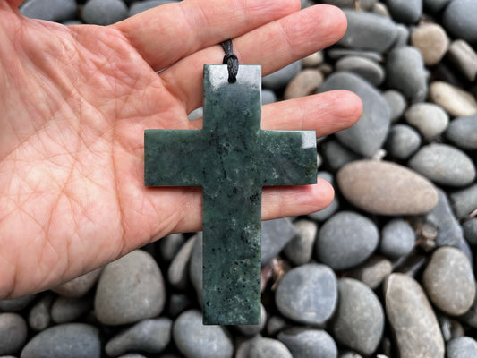 X-Large Greenstone Nephrite Jade Cross Pendant – 90mm Hand-Carved Necklace | Carving Studio NZ