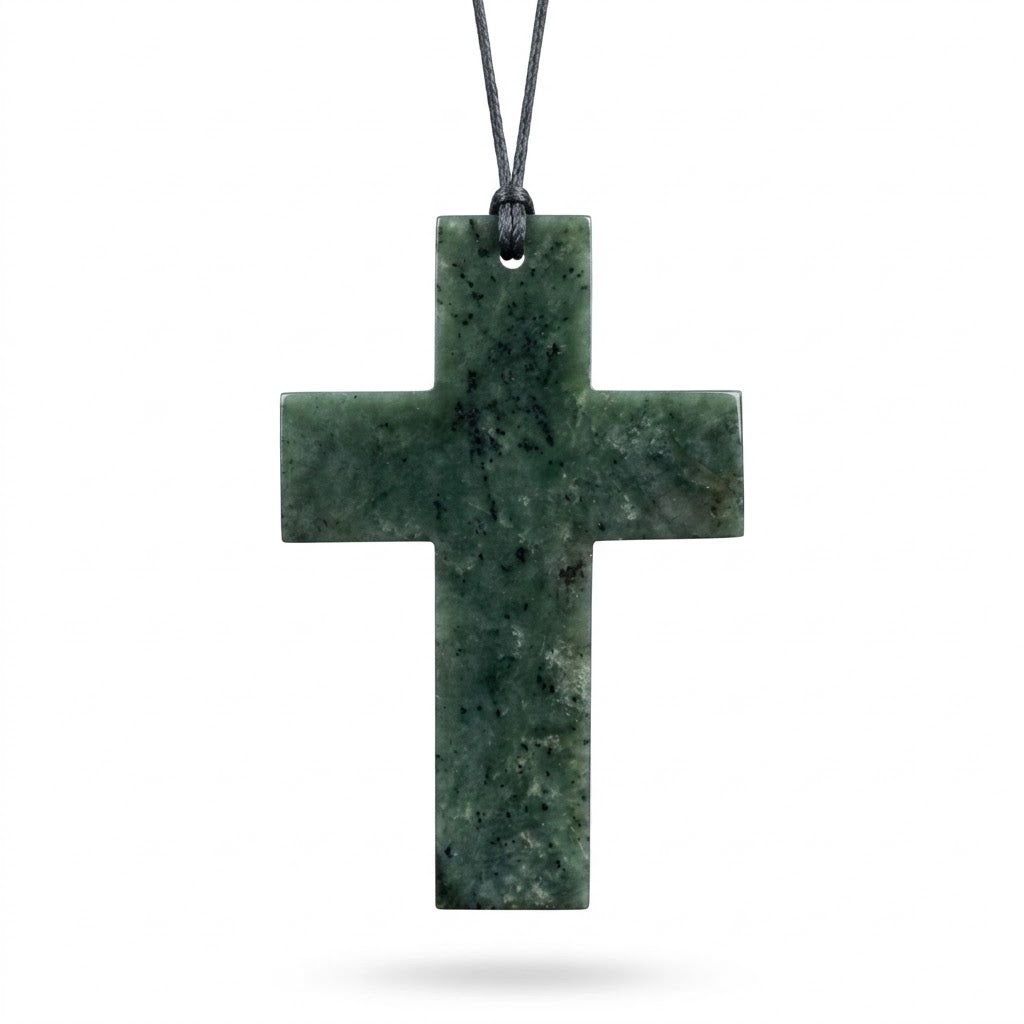 X-Large Greenstone Nephrite Jade Cross Pendant – 90mm Hand-Carved Necklace | Carving Studio NZ