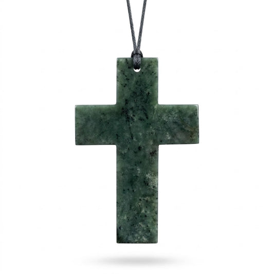 X-Large Greenstone Nephrite Jade Cross Pendant – 90mm Hand-Carved Necklace | Carving Studio NZ