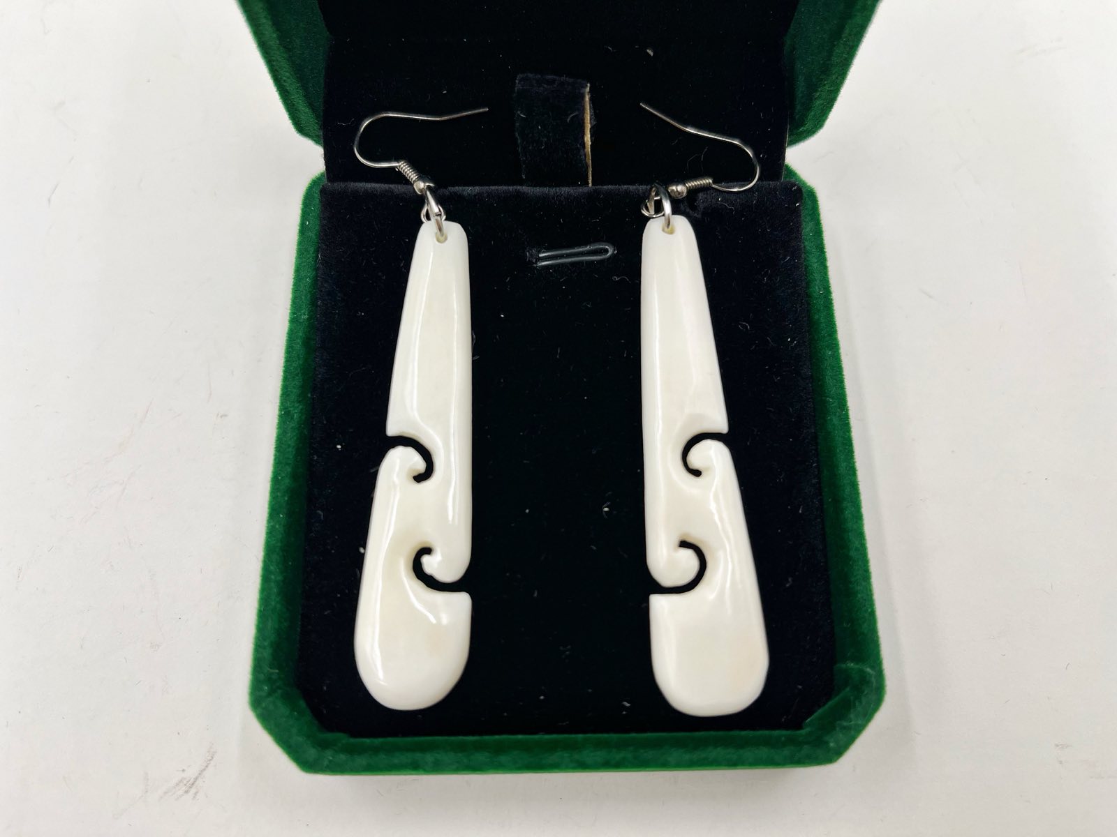 Long Bone Earrings Double Koru Design 60mm with Green Velvet Gift Box