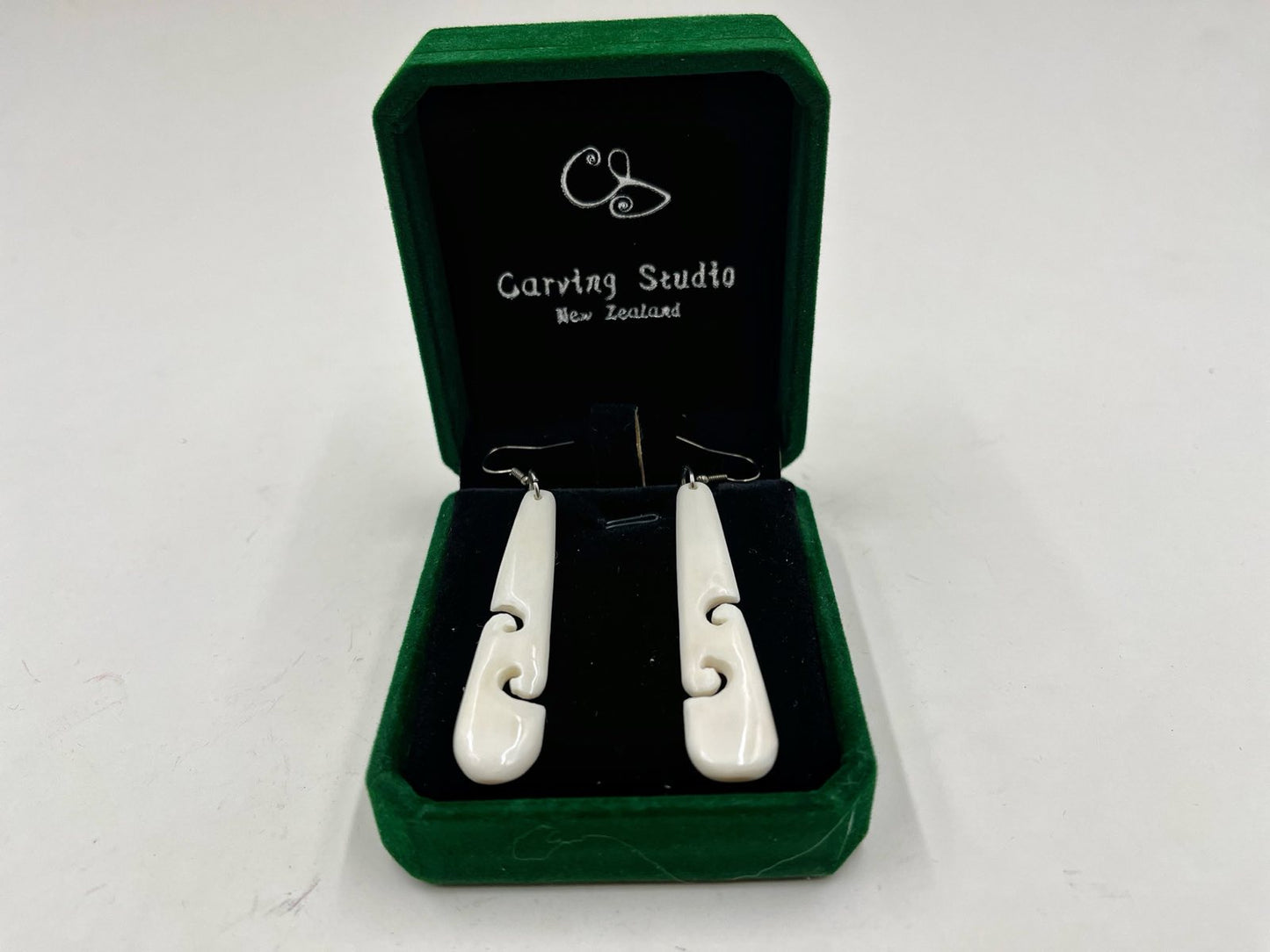 Long Bone Earrings 60mm Maori Style Double Koru Carving with Gift Box