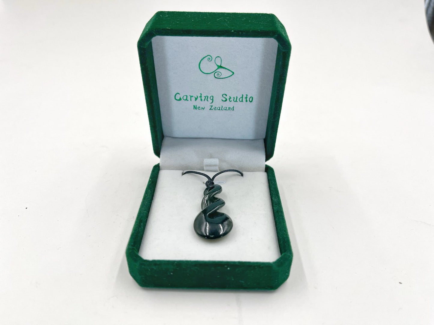 Greenstone Nephrite Jade Double Twist Pendant E006 – 36×18mm with Gift Box