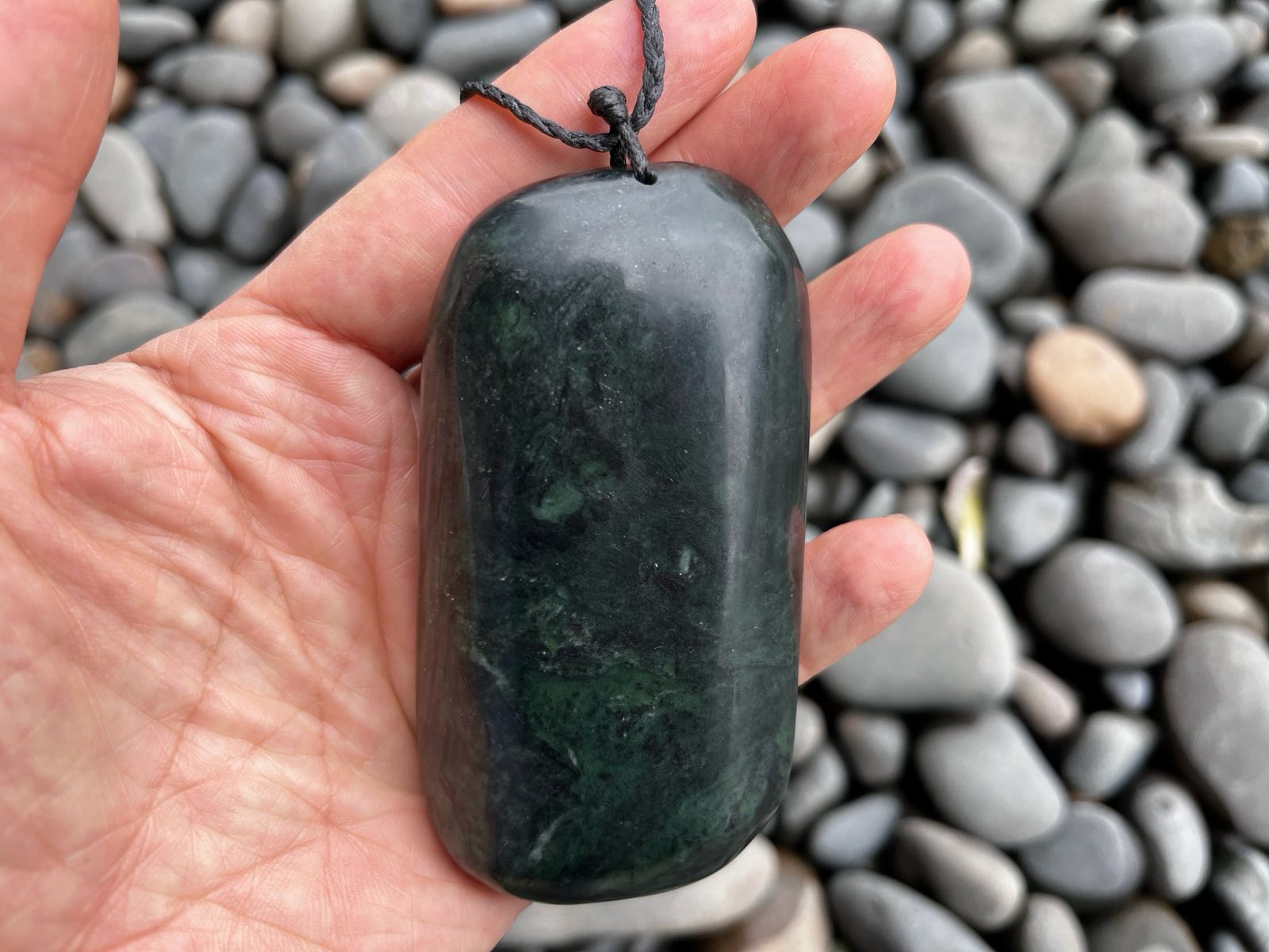 Large Greenstone pendant freeform shape with braided cord, heavy jade necklace 90mm