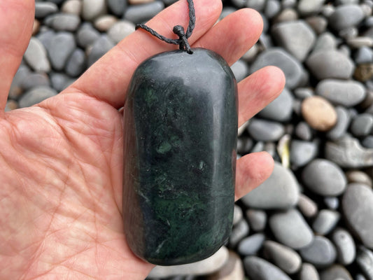 Large Greenstone pendant freeform shape with braided cord, heavy jade necklace 90mm