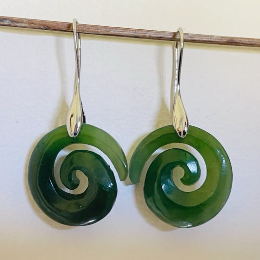 Greenstone Nephrite Opened Koru Earrings 21mm Elegant Teardrop Ear Hooks
