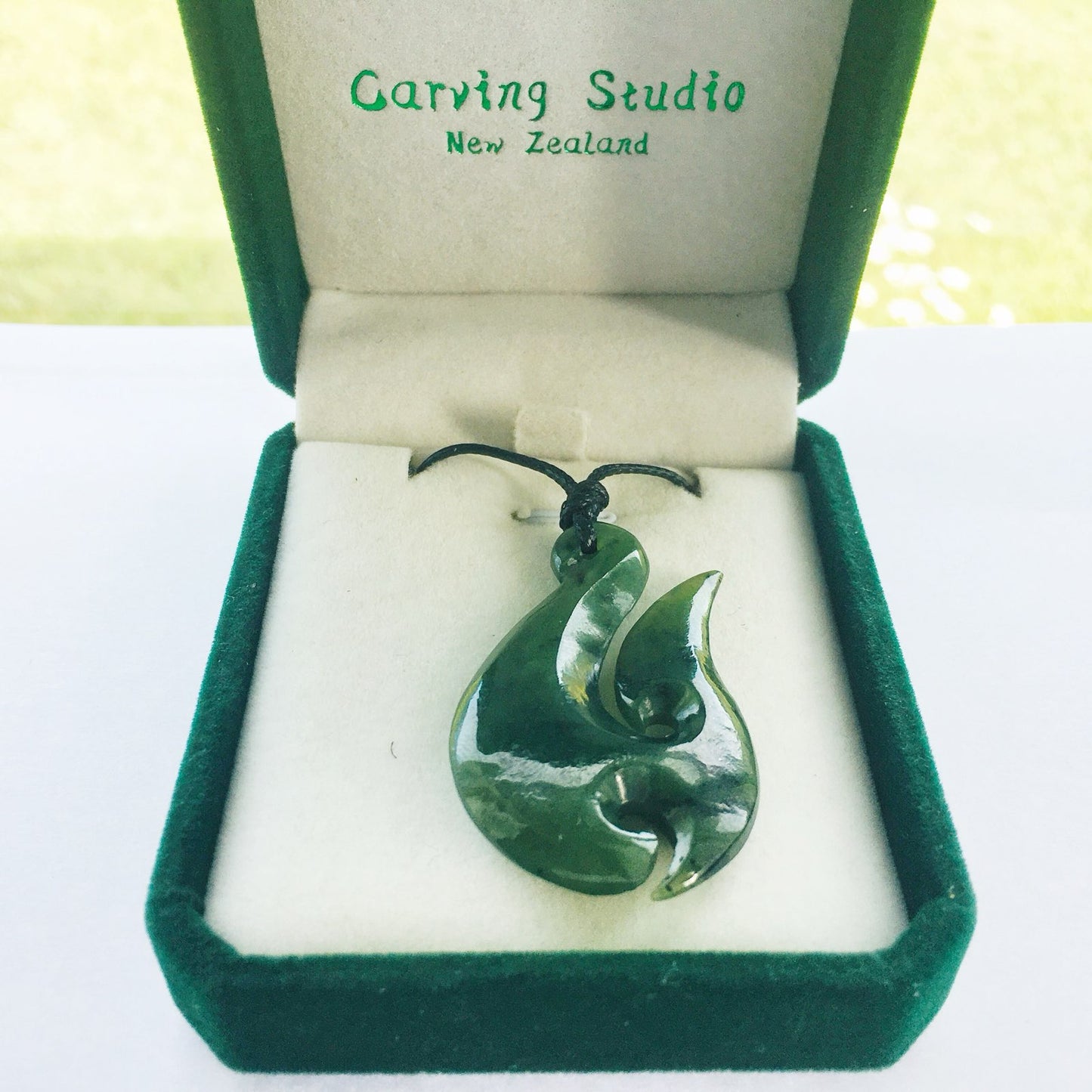 Hand-Carved  Top Grade Greenstone Nephrite Jade Hei Matau Necklace, 50mm