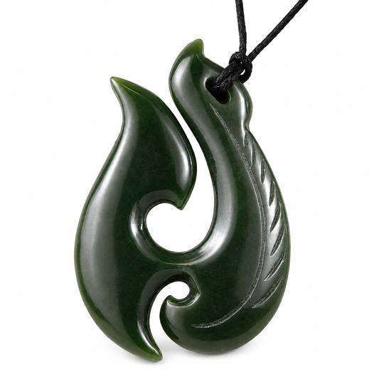 NZ Stock greenstone nephrite jade Hei Matau large fish hook pendant 66mm with gift bag E050