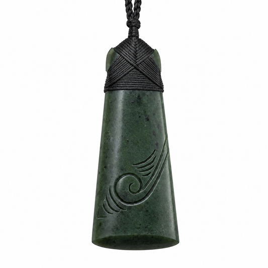 Greenstone Pendant Toki with Koru details –  Nephrite Jade 75×30mm
