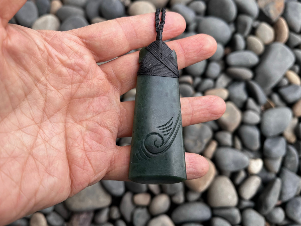 Greenstone Pendant Toki with Koru details –  Nephrite Jade 75×30mm