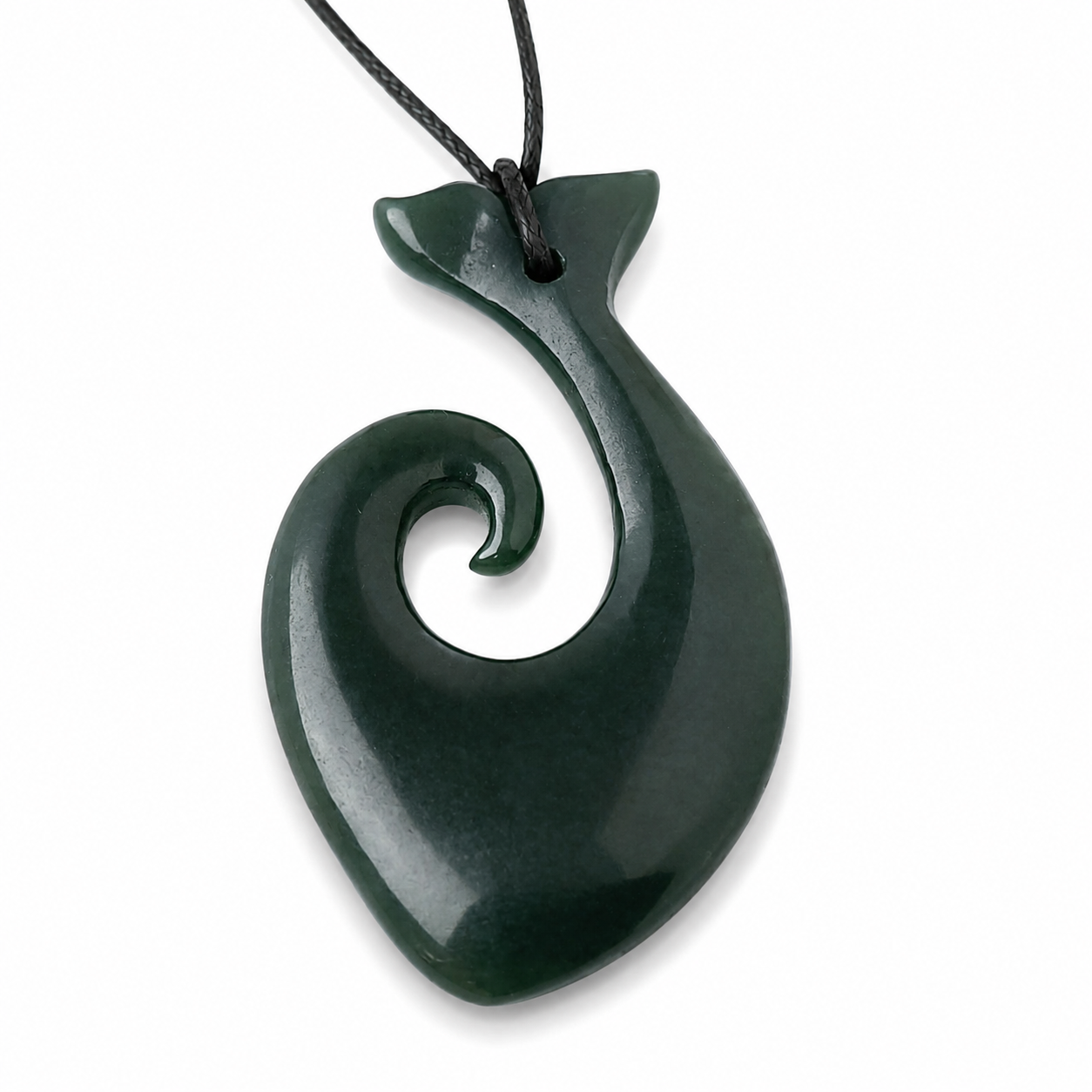Greenstone Nephrite Jade Hei Matau Fish Hook with Whale Tail Pendant – 55mm, Strength, Protection & Prosperity Symbol