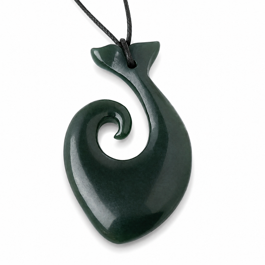 Greenstone Nephrite Jade Hei Matau Fish Hook with Whale Tail Pendant – 55mm, Strength, Protection & Prosperity Symbol