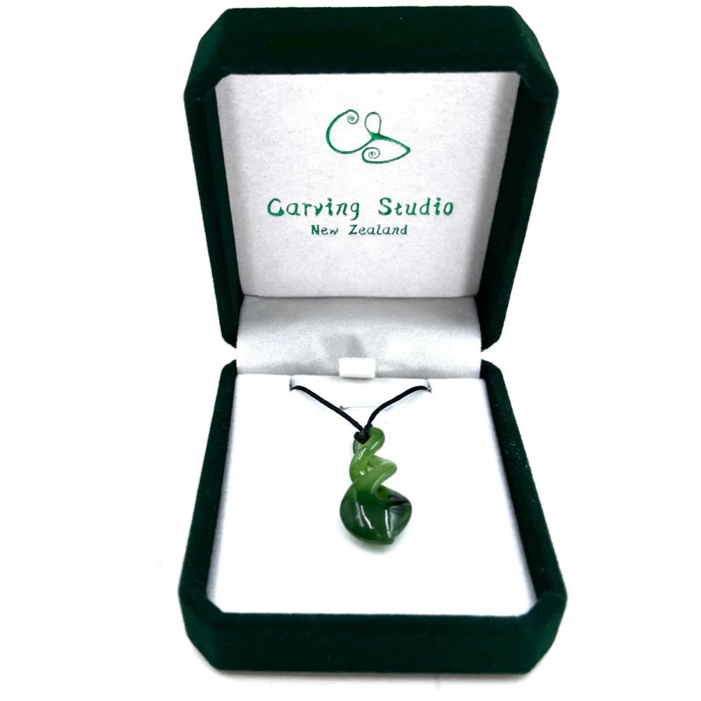 Greenstone Nephrite Jade Tiny Double Twist Pendant – 30mm Hand-Carved Carving Studio NZ