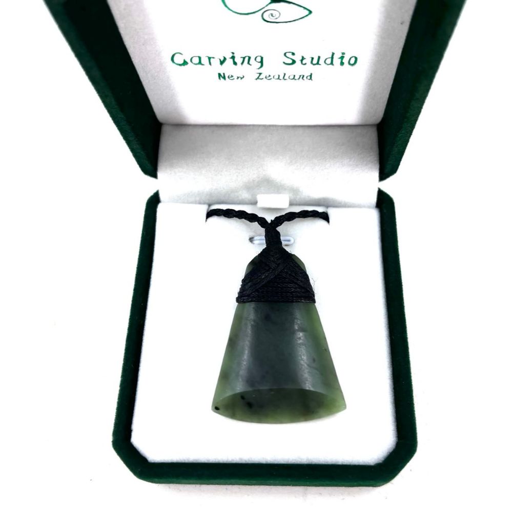 Greenstone Nephrite Jade Toki Pendant Matte Finish 45x30mm – Carving Studio with Velvet Gift Box