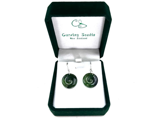 Greenstone Nephrite Closed Koru Earrings 21mm Sterling Silver Hook