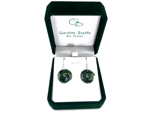 Greenstone Nephrite Opened Koru Earrings 21mm Sterling Silver Hook